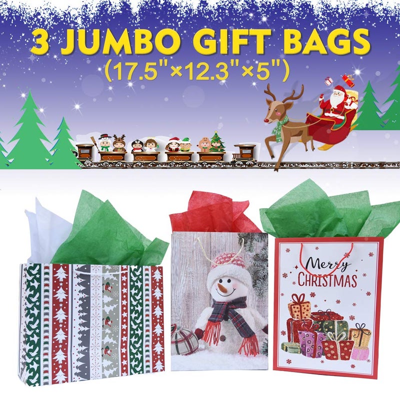 Smarimple Christmas Gift Bags Bulk Set Christmas Paper Bags Assorted Sizes 3 Jumbo 5 Large 6 Medium 2 Wine Bags 16 Count Glitter Design with 12 Sheets Tissue Paper - Image 2